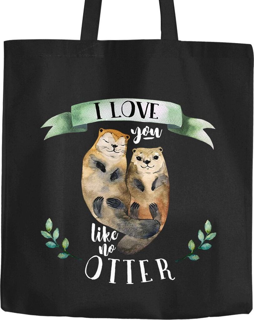 Jutebeutel Otter Pärchen I love you like no otter Liebe Seeotter Baumwolltasche Stoffbeutel Tragetasche Moonworks schwarz-grün 2 lange Henkel