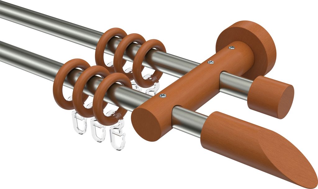 Interdeco Gardinenstange / Vorhangstange Edelstahl-Optik / Kirschbaum lackiert, Typ Adrian Franca (Schräge), 16 mm Ø 2-läufig, 120 cm