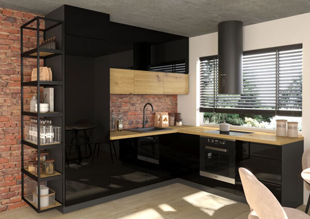 L-Form Küchenzeile FLORENCE 248x245cm lava - schwarz Hochglanz eiche artisan REJS Vollauszug