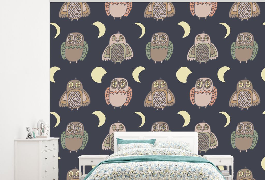 MuchoWow Fototapete für Wohnzimmer oder Schlafzimmer Wandtapete Vinyl Motivtapete Eule - Muster - Mond - 325x260 cm - Tapete