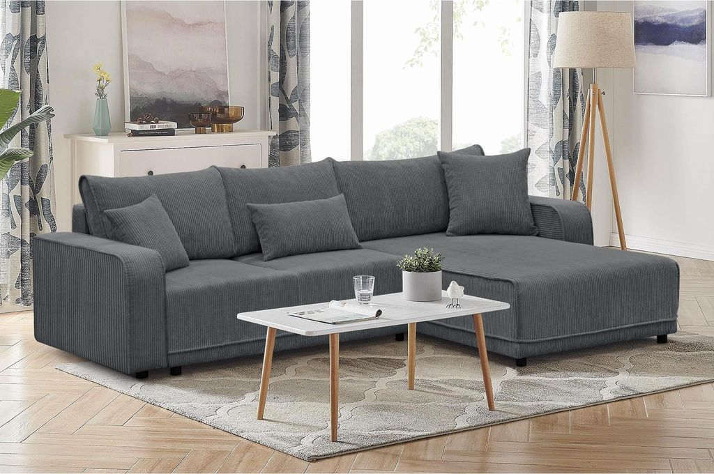 290 cm Ecksofa PRIMO L-Form Polstersofa mit Schlaffunktion Cordstoff Corner Schlafsofa Eckcouch für Wohnzimmer, Stoff: poso 34 - dunkelgrau