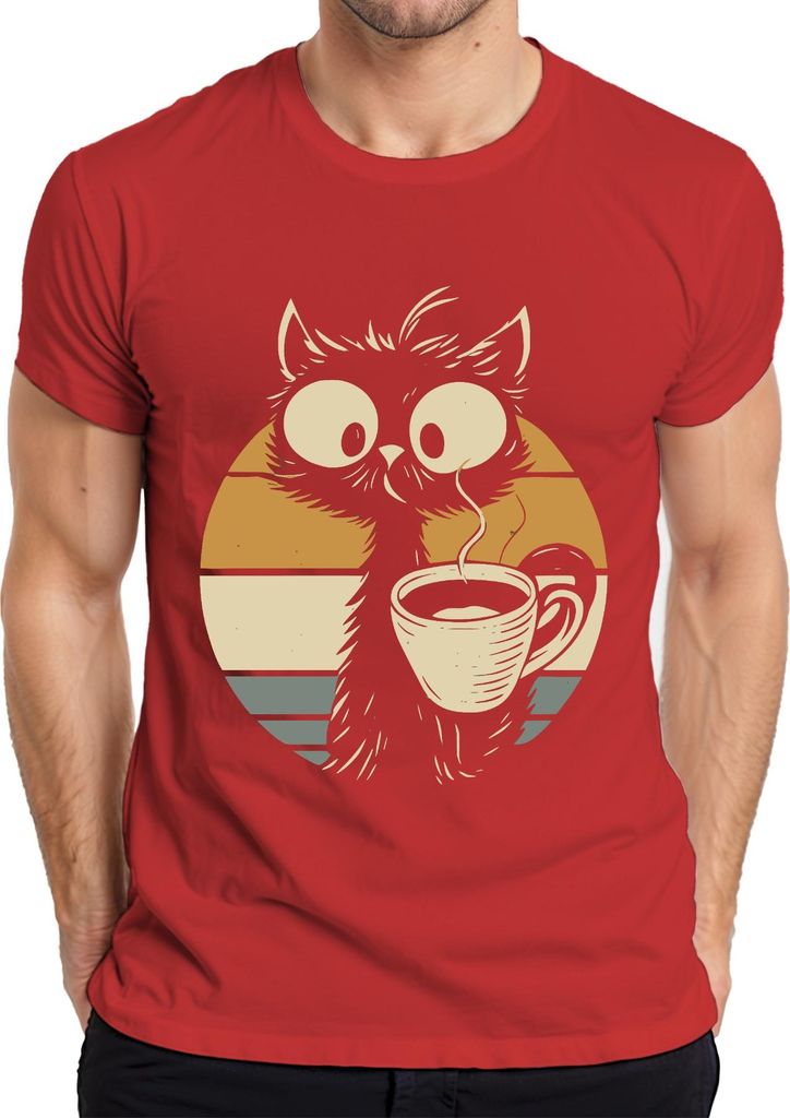 Katze mit Kaffee Kaffeetasse Niedliche Retro Sonnenuntergang Herren T-Shirt, Rot, M