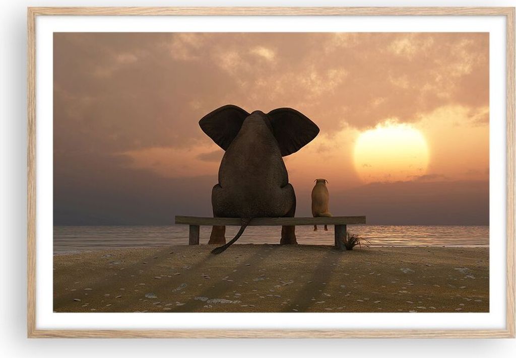 Gerahmtes Poster - Rahmen in heller Eiche - Elefant Ufer Produktbild 