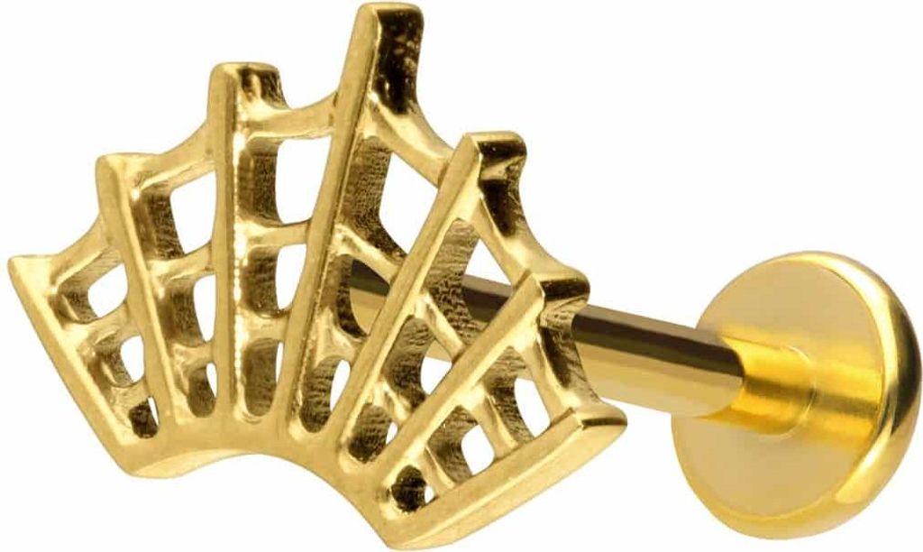 Ohrpiercing, Nasenpiercing Titan Labret mit Push Fit SPINNENNETZ Gold Stablänge: 9mm | Stabstärke: 1,2mm