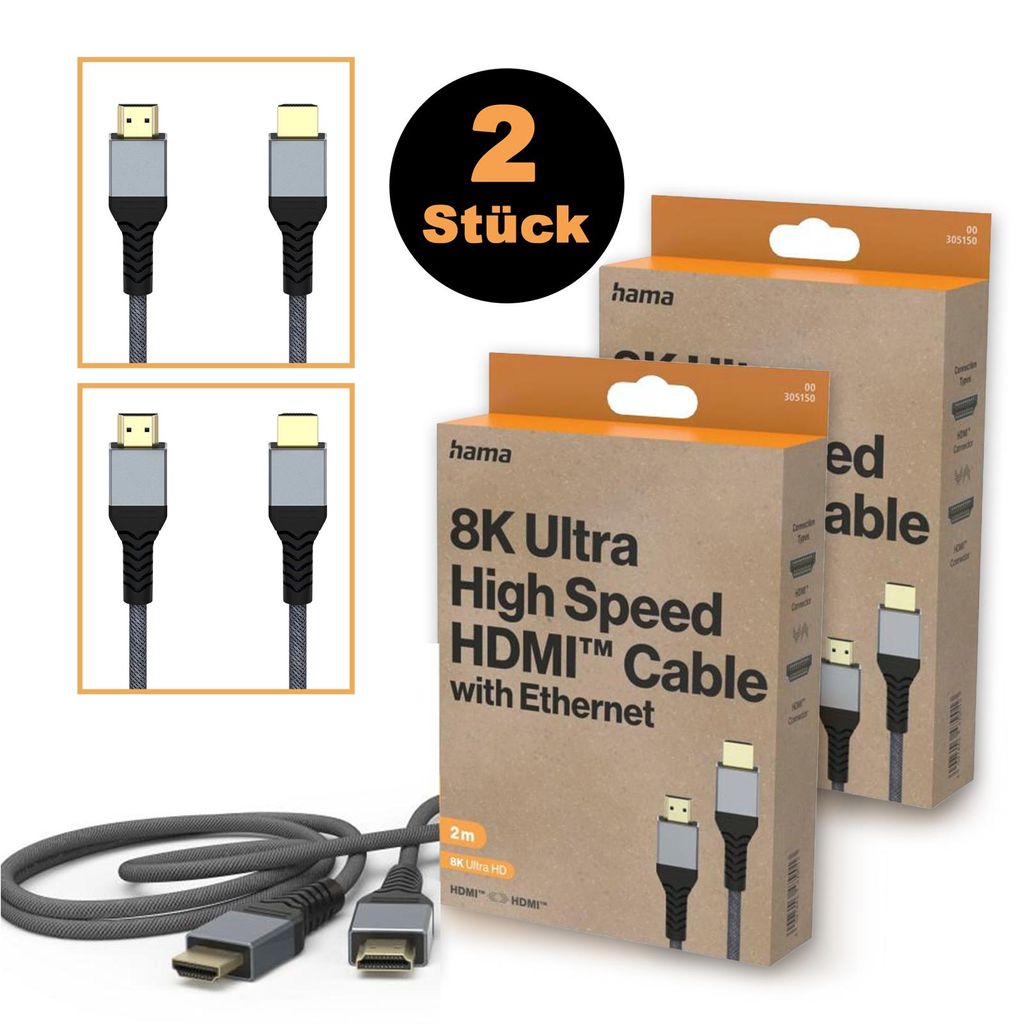 Ultra High Speed HDMI Kabel 2.1, 8K 60Hz / 4K 120Hz, 48 Gbit/s, vergoldete Stecker, 2 m, HAMA, 2er Set