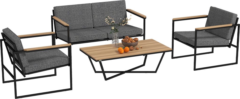 Outsunny Gartenmöbel Set 4 Personen wetterfest Balkonmöbel-Set mit 2er Sofa, 2 Stühle Sitzkissen Beistelltisch Outdoor Sitzgruppe Grau