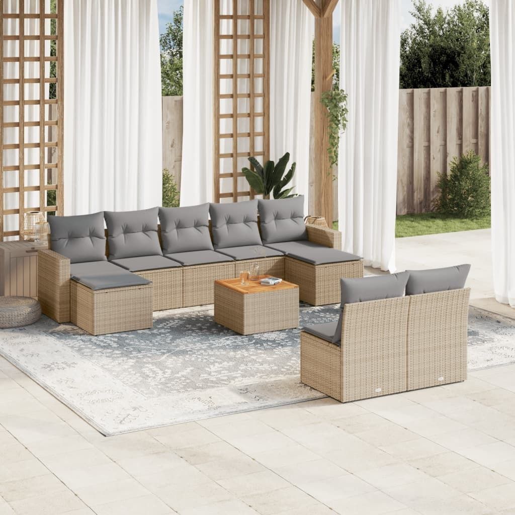 Design 10-tlg. Garten-Sofagarnitur mit Kissen Beige Poly Rattan, Gartenmöbel-Sets 2024 Neu