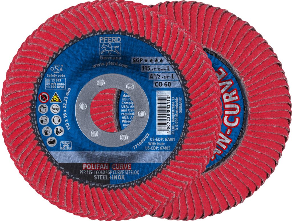 PFERD TOOLS POLIFAN CURVE Fächerscheibe PFR 115x22,23 mm Breite L CO60 SGP STEELOX für Stahl/Edelstahl