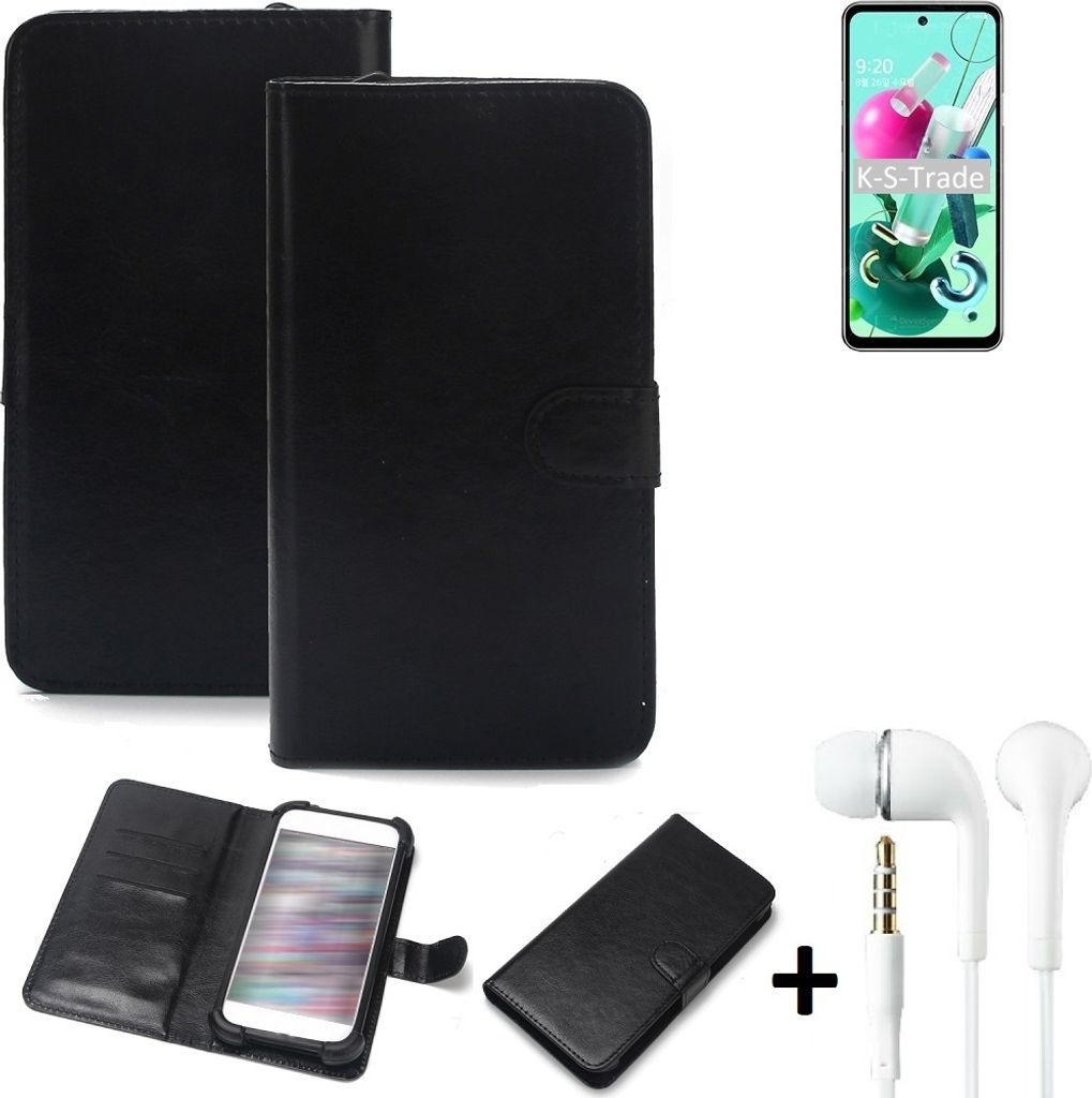 K-S-Trade Wallet Case Handyhülle kompatibel mit LG Electronics Q92 Schutzhülle Flip cover Flipstyle Tasche Hülle Flipcover Slim Bumper schwarz + in