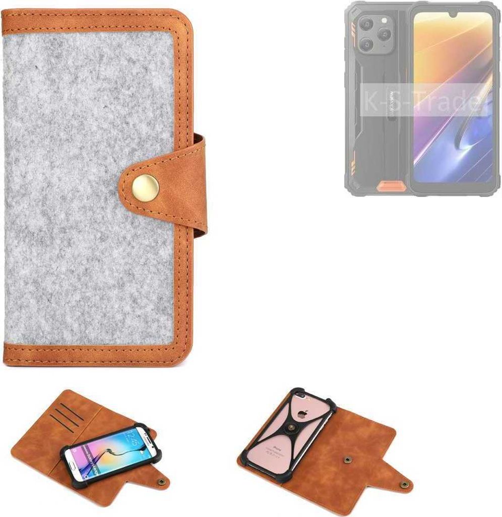 K-S-Trade Handyhülle kompatibel mit Blackview BV5300 Plus Schutzhülle Filz-Hülle Kunst-Leder hellgrau braun (1x)