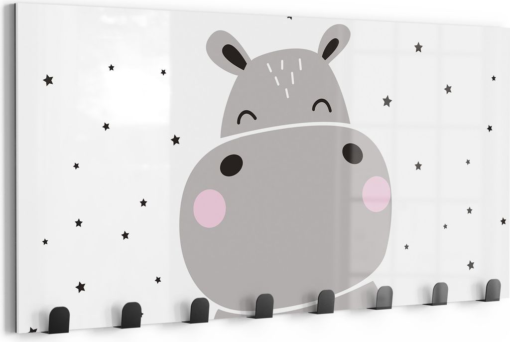 DEQORI Kleiderhaken Glas 60x30 cm 'Hippo unter Sternen' Wand Garderobe beschreibbar Paneel