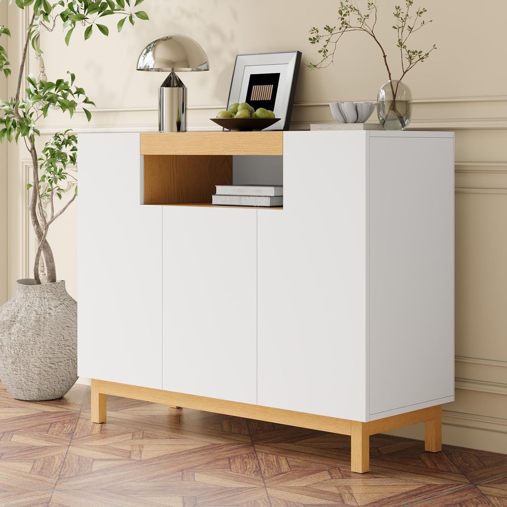 Merax Sideboard mit 3 Türen und 1 offenes Fach, Kommode in Holzoptik, Multifunktionales Aufbewahrungsmöbel aus hochwertigen Spanplatten, Weiß