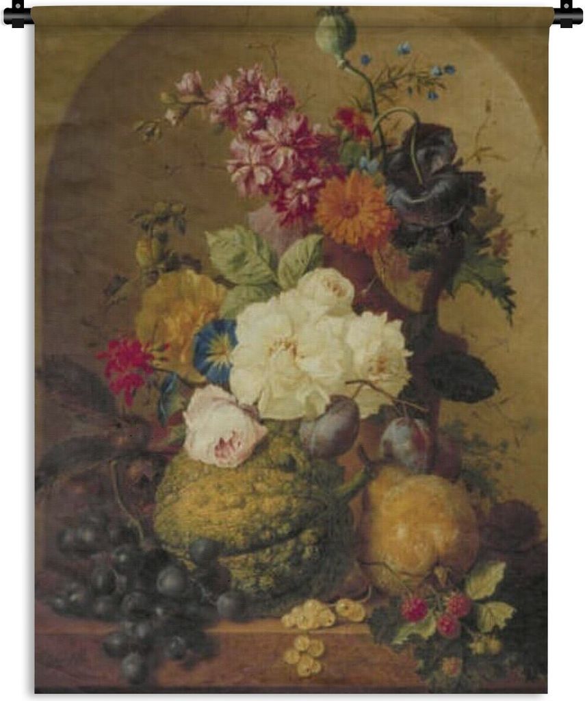 MuchoWow Wandteppich Wandbehang Stilleben mit Obst und Blumen in einer Nische - Gemälde von G.J.J Van Os 120x160 cm Tapisserie Dekoration Wandtu...