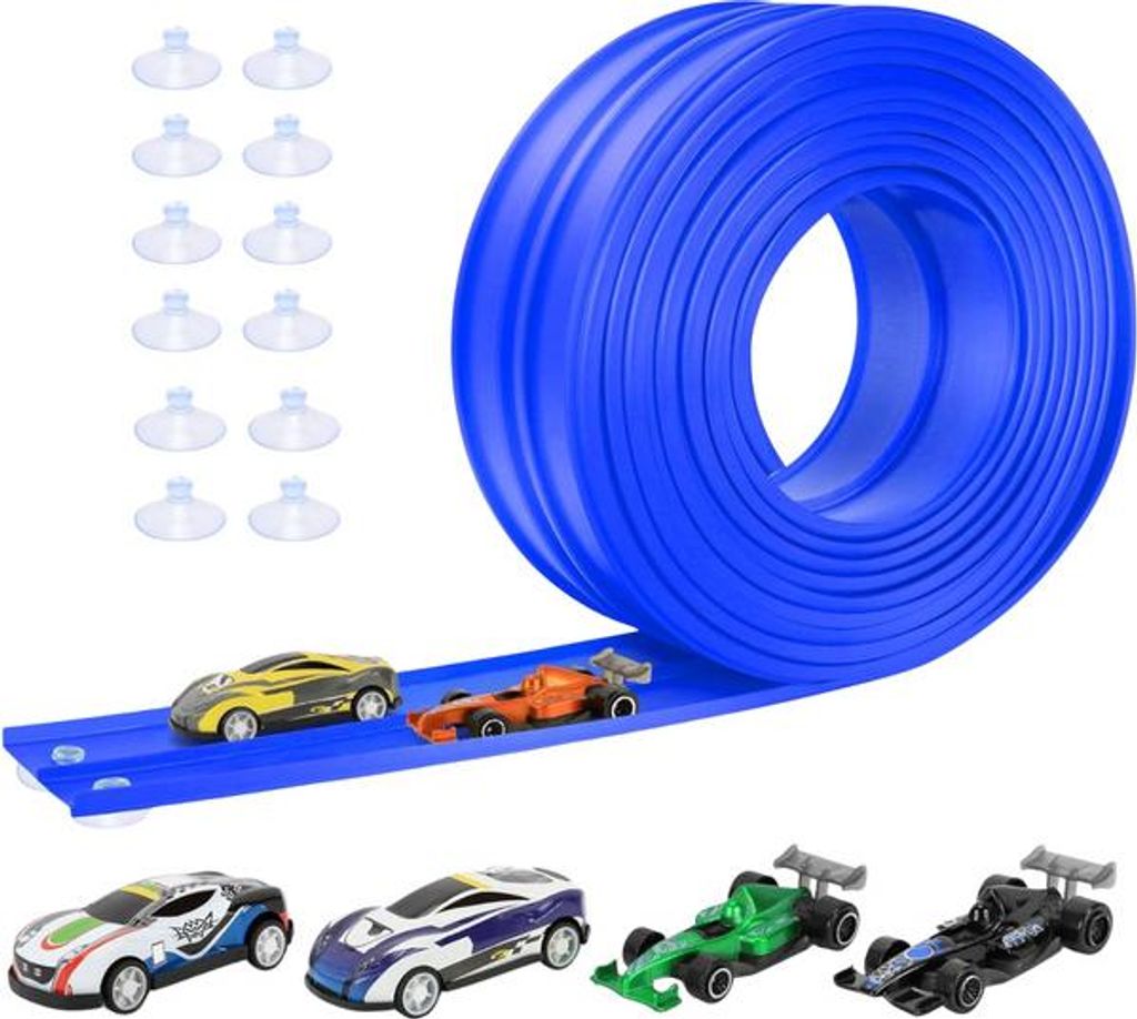 A toy race track set with cars and accessories.
