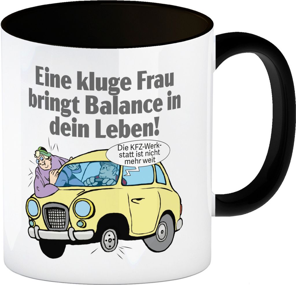 Kluge Frau bringt Lebensbalance Kaffeebecher in schwarz