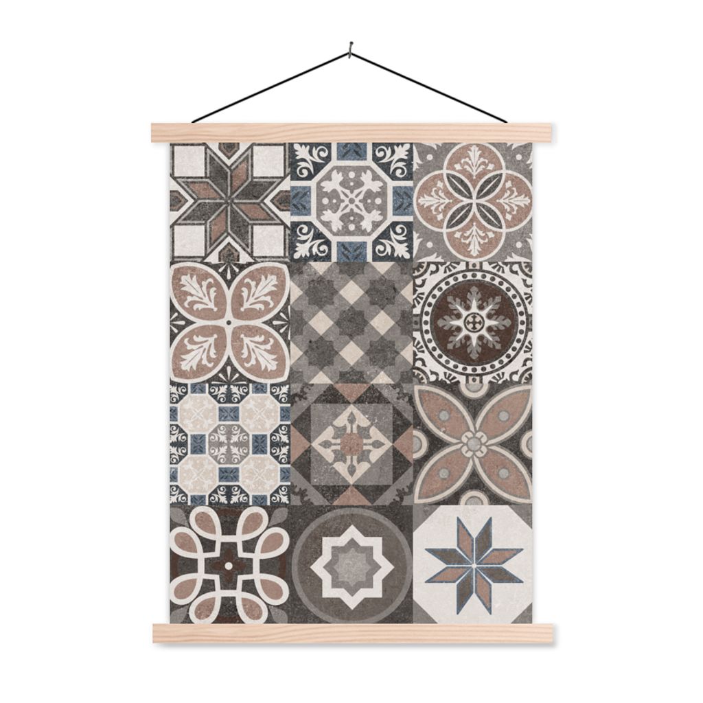 MuchoWow Textilposter Blumen - Figuren - Braun - Design 60x80 cm mit holzfarbenen Rahmen - Wandbild
