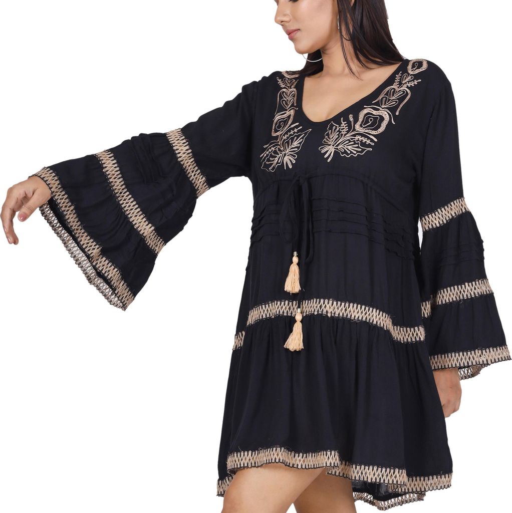 Boho Krinkelbluse, Bestickte Hippie Tunika - Schwarz, Damen, Viskose, Größe: M