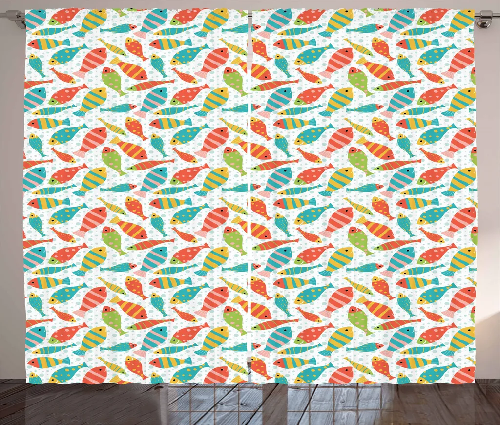 ABAKUHAUS Tenda rustica con pesci, pesci colorati Sea Bubbles, soggiorno Tenda universale con passanti e ganci, 280 x 245 cm, multicolore