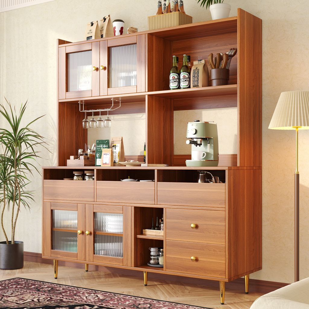 okwish Vitrinen Sideboard Hochschrank 145 x 39 x 171 cm mit Glastür, Weinglasregal, Holzstruktur und Golddekoration, geeignet für Wohnzimmer, Kü...