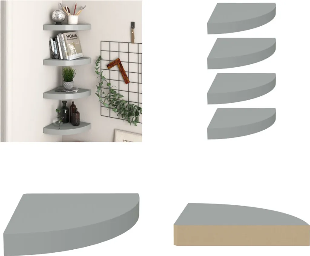 Set 4 Mensole Angolari Grigie vidaXL 25x25x3,8 cm - Stile Minimal