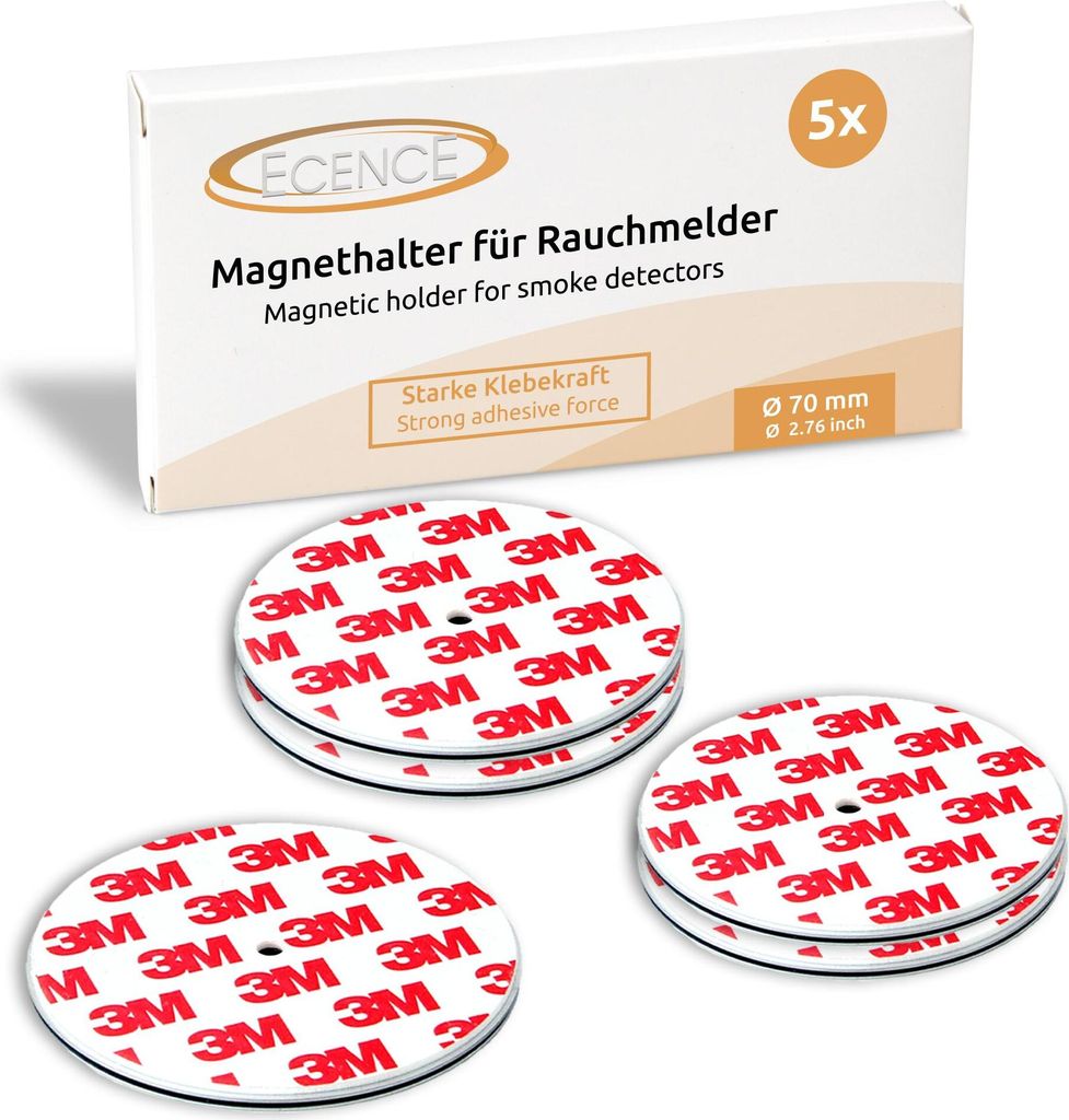 A product box and several magnetic holders for smoke detectors.