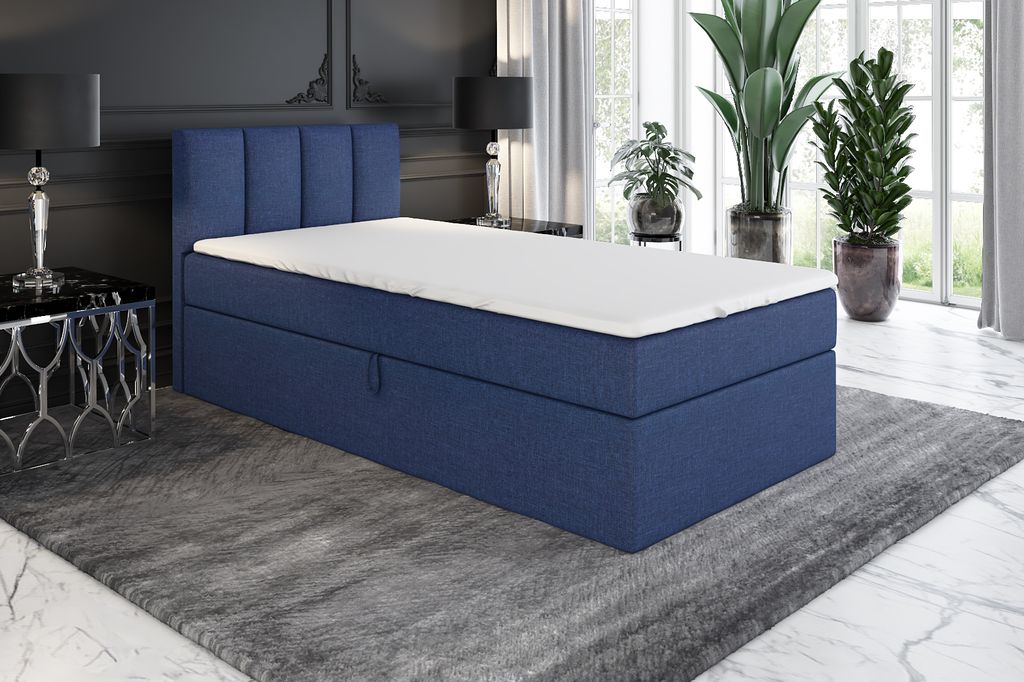Boxspringbett, Jugendbett GUNNAR 90x200 (Rechts) mit Bettkästen, Bonell-Matratze und Topper. Farbe: Blau