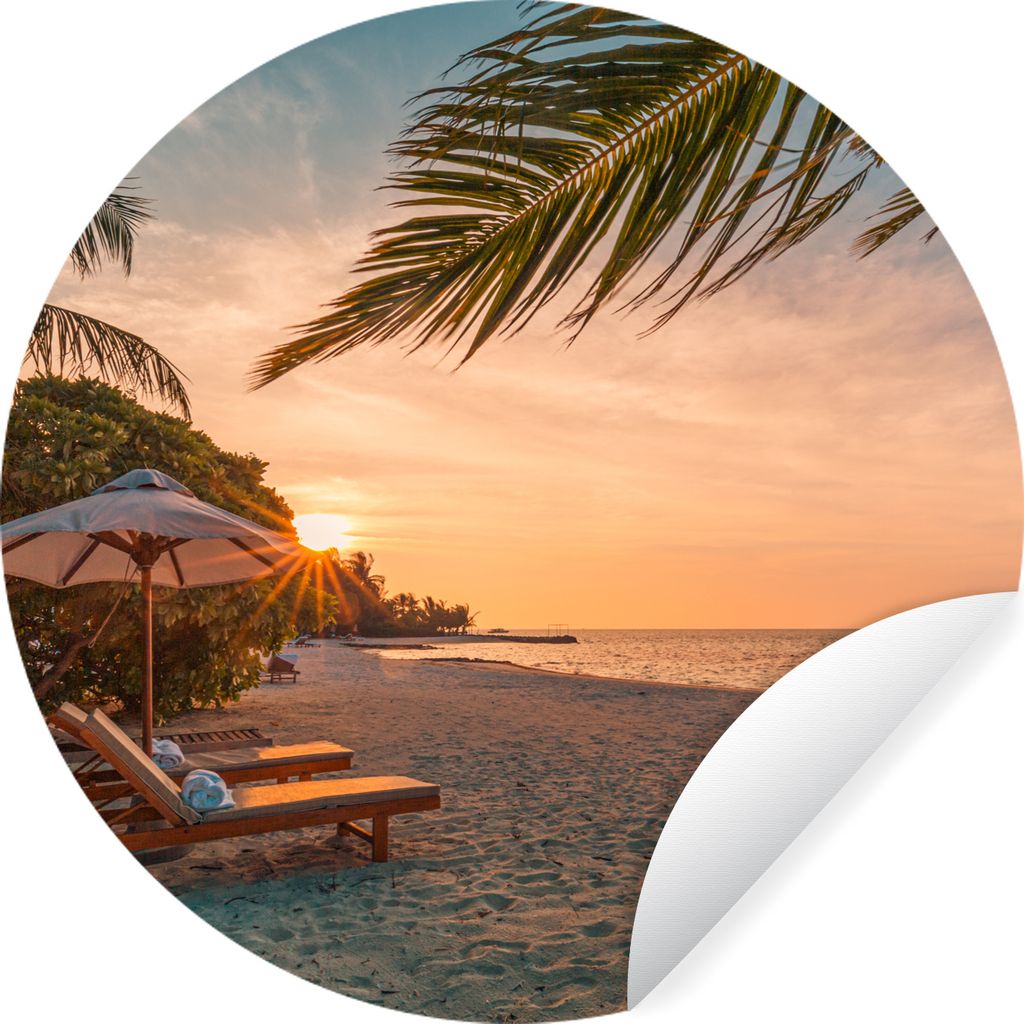 MuchoWow Runde Wandtattoo - Wandsticker Tapete Aufkleber Strand - Strandkorb - Sonnenuntergang Ø 100 cm Selbstklebend und Repositionierbar - Wan...