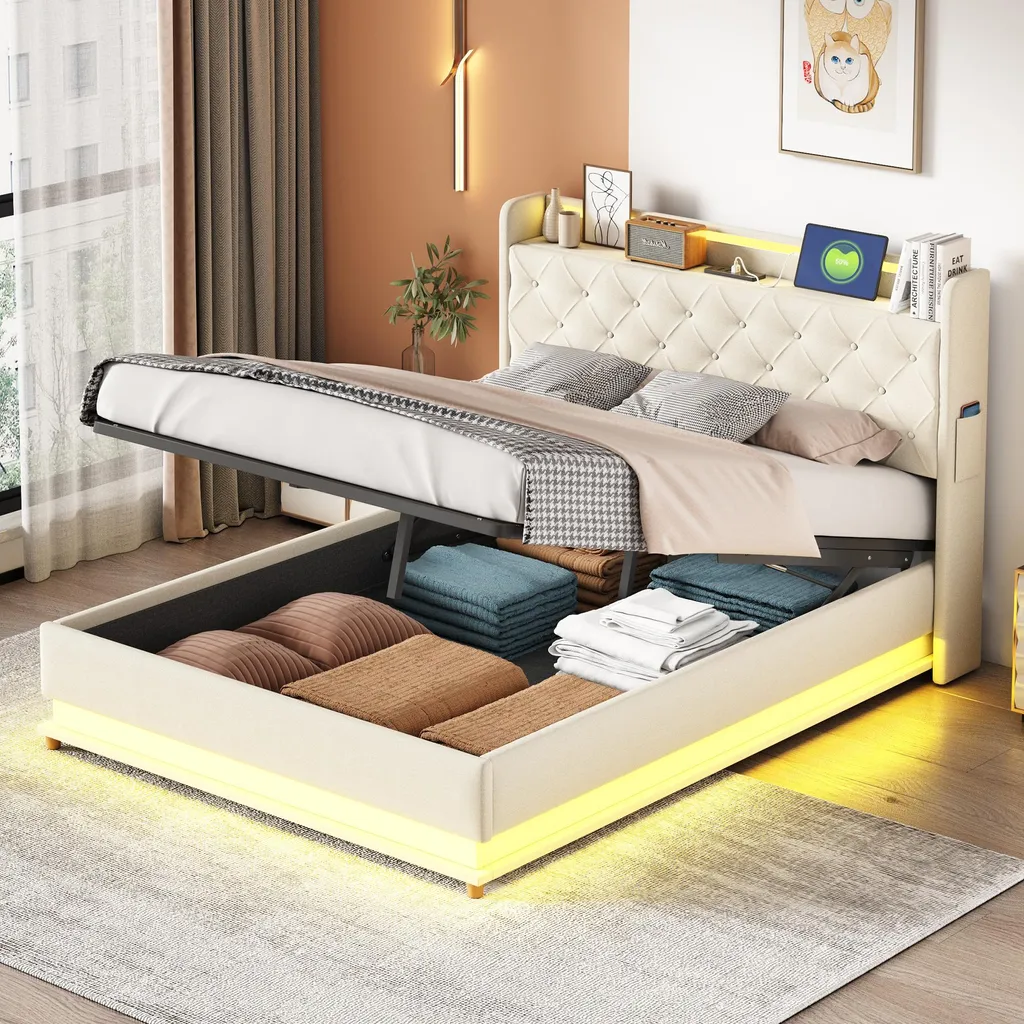Lit 140x200 Gain de Place avec Coffre de Rangement et LED Design - 3