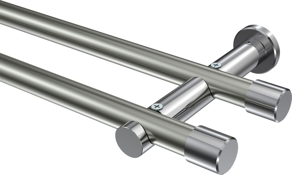 Interdeco Gardinenstange / Vorhangstange Edelstahl-Optik / Chrom, Typ Platon Santo (Kappe) ohne Ringe, 20 mm Ø 2-läufig, 360 cm