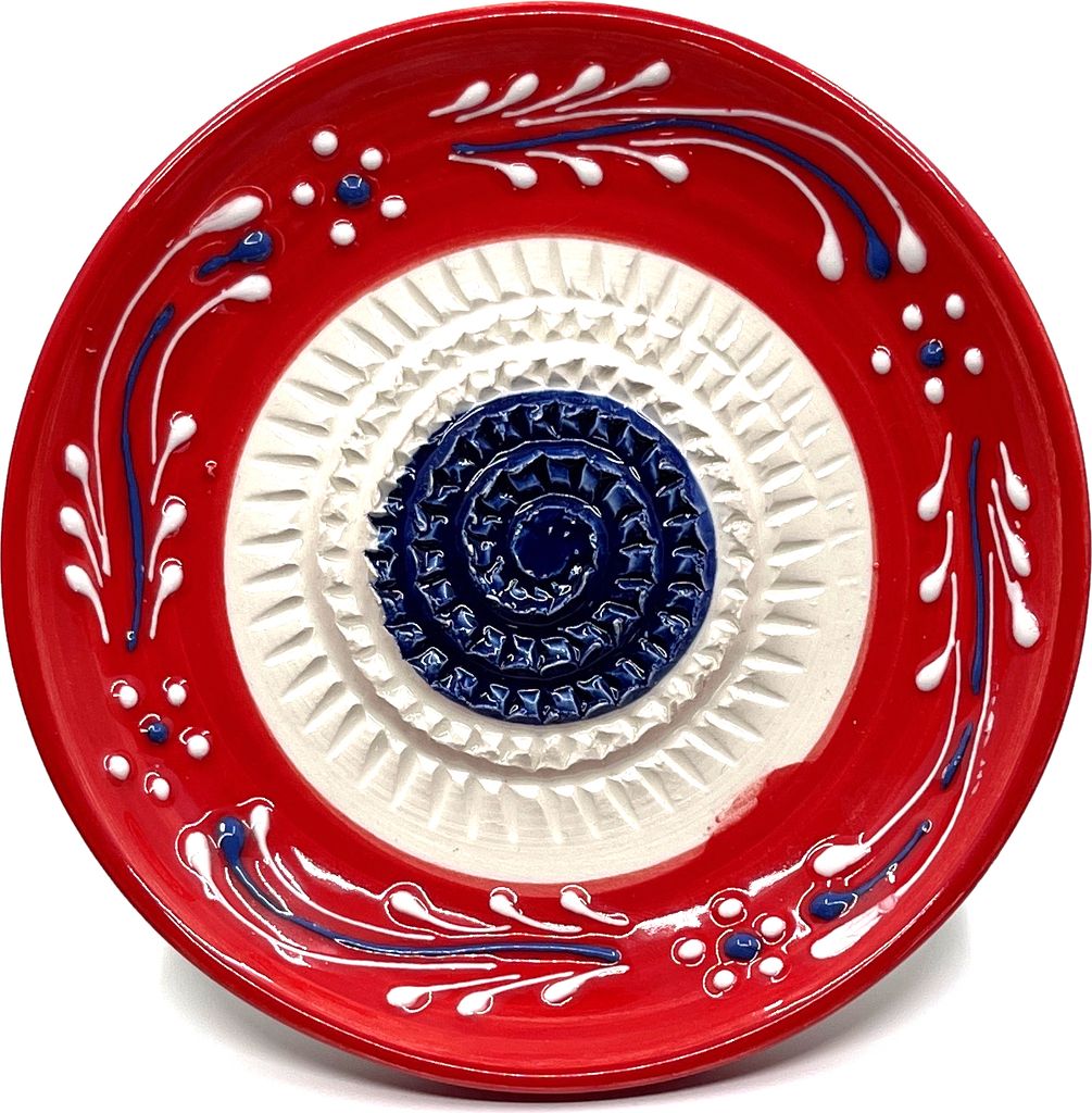 Kaladia Keramik Reibeteller handbemalt in Rot/Weiß/Blau - Durchmesser ca. 12cm - spülmaschinengeeignet