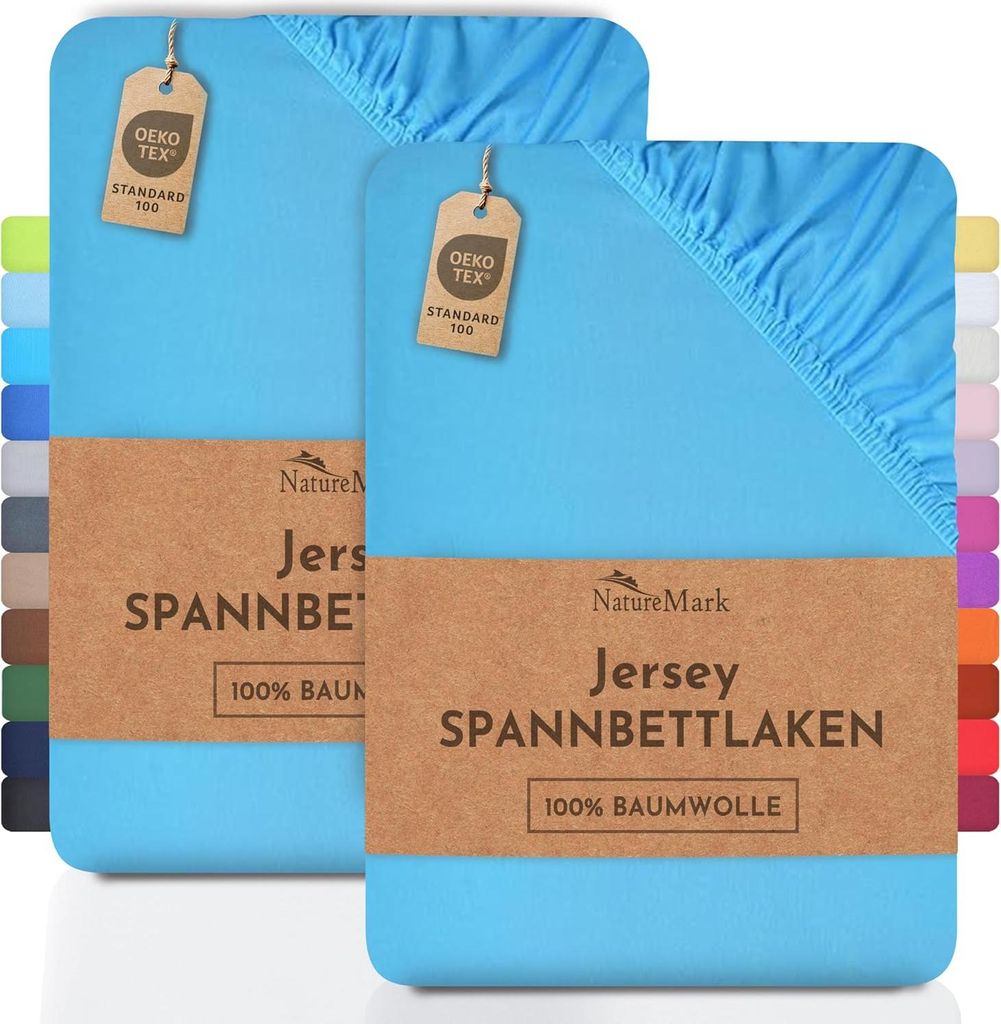 NatureMark 2er Pack Jersey Spannbettlaken, Spannbetttuch 100% Baumwolle in vielen Größen und Farben MARKENQUALITÄT Standard 100 | 90 x 200 cm