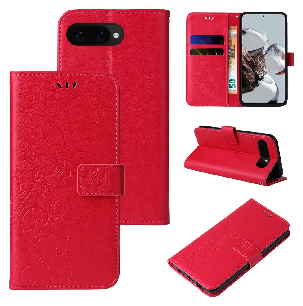 Handyhülle für Google Pixel 9a Floral Blumen Schmetterling Flip Cover Hülle Case Klapphülle Handytasche Farbe: Rot
