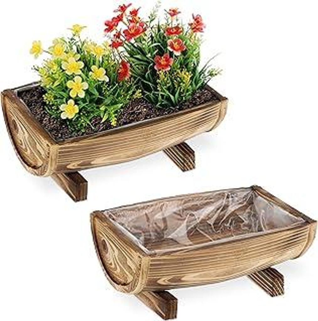 Blumenkasten Holz, 2er Set Pflanzkasten, HBT: 12,5 x 29,5 x 20 cm, außen & innen, Pflanzfass mit Folie, braun
