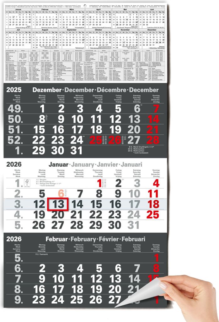 3-Monatskalender 2026 Wandkalender 56x30cm - Mit Schieber, Feiertagen & Schulferien DE/AT