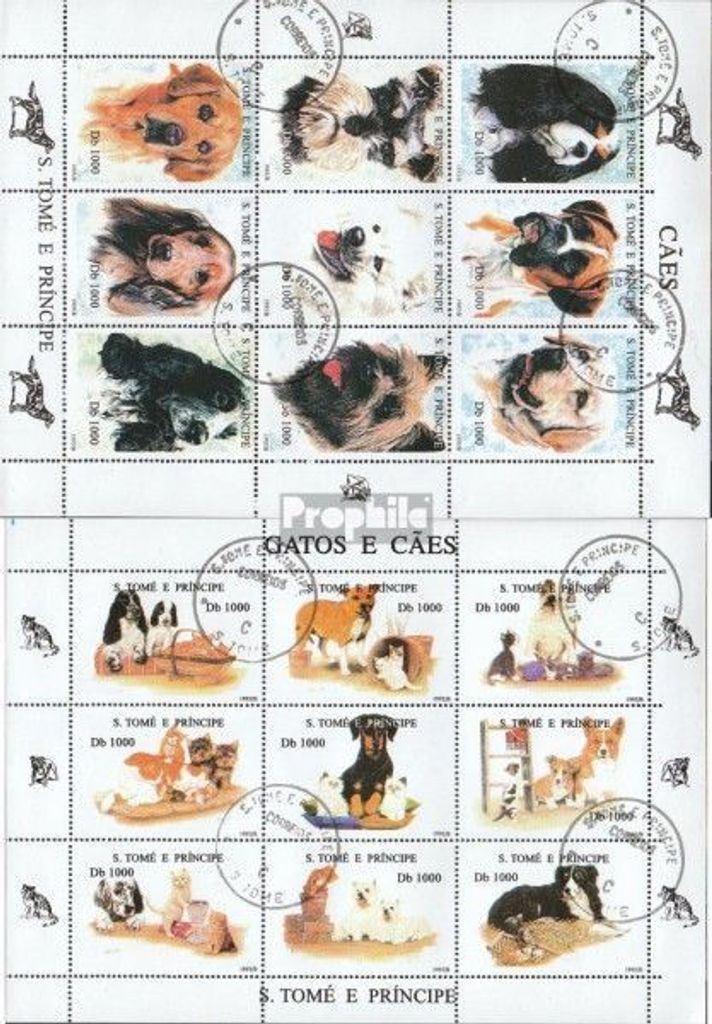 Briefmarken Sao Tome e Principe 1995 Mi 1571-1588 Kleinbögen (kompl.Ausg.) gestempelt Hunde und Katzen
