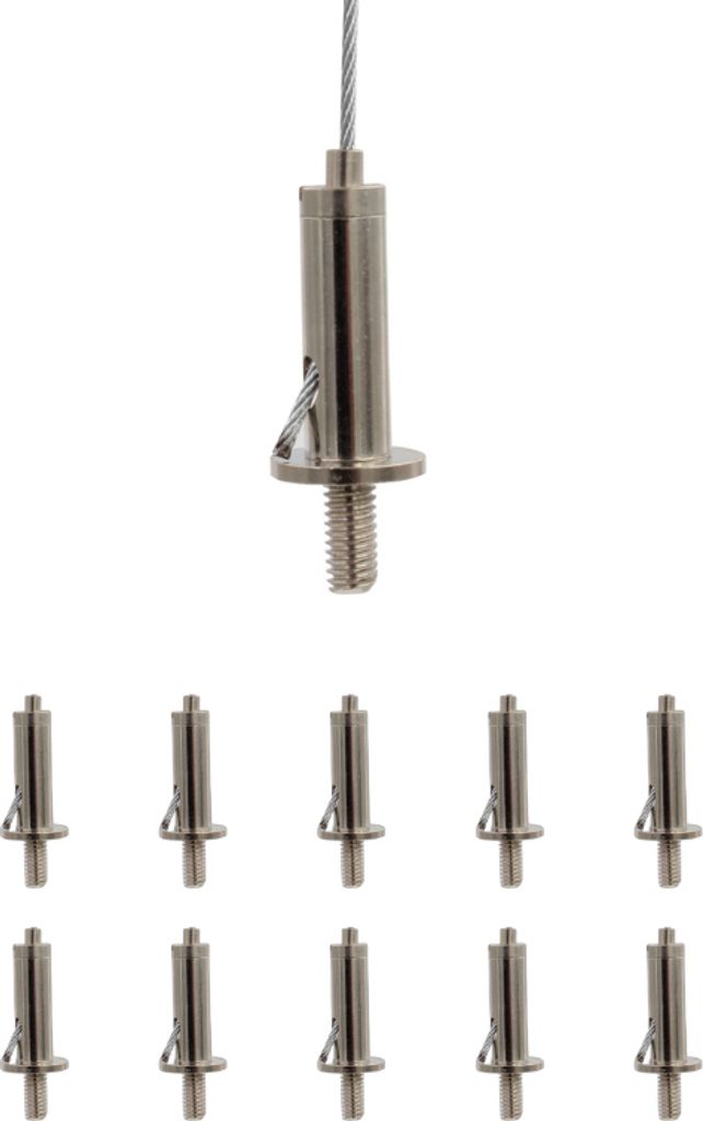 10x Drahtseilhalter / Gripper 15, M6 Außengewinde Länge 12 mm, Ø1 6 mm Bund, für Drahtseil Ø 1,0 - 1,5 mm | vernickelt