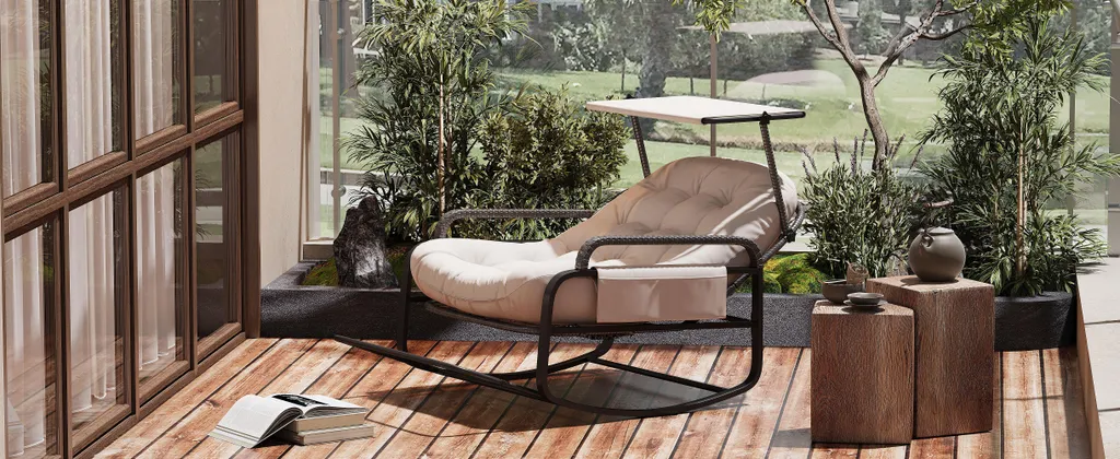 Sedia a dondolo per esterni con cuscino beige, schienale regolabile, poggiapiedi pieghevole e tettuccio, in rattan intrecciato, ideale per balcone giardino terrazza
