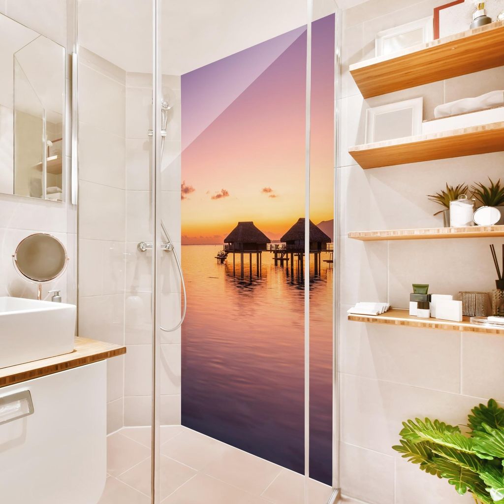 Duschrückwand Strand selbstklebend - 0.35 mm Wandpaneel wasserfest Sonnenuntergang orange Motiv Badrückwand fugenlos Smart matt 110x190 cm