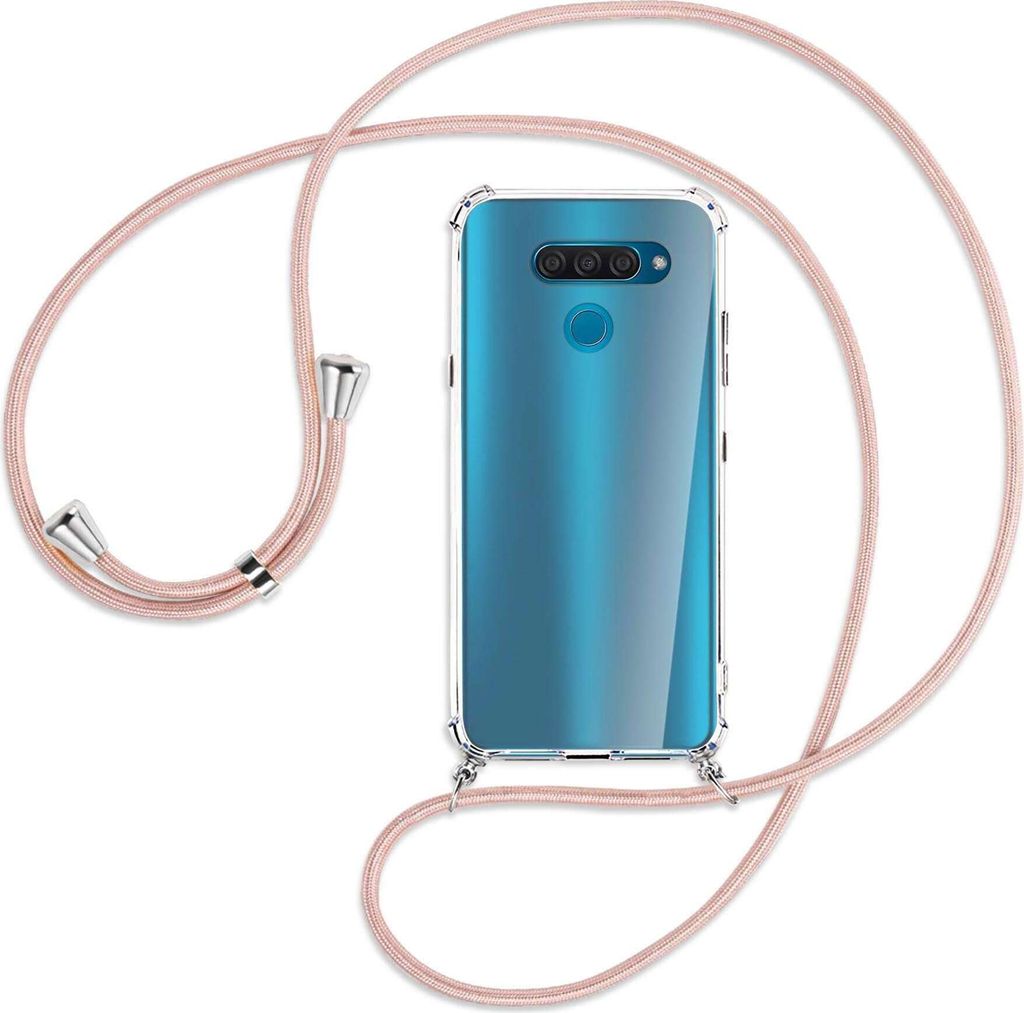 Handykette Backcover-Schutzhülle mit Band (Metall silberfarben) für LG Q60 - roségold