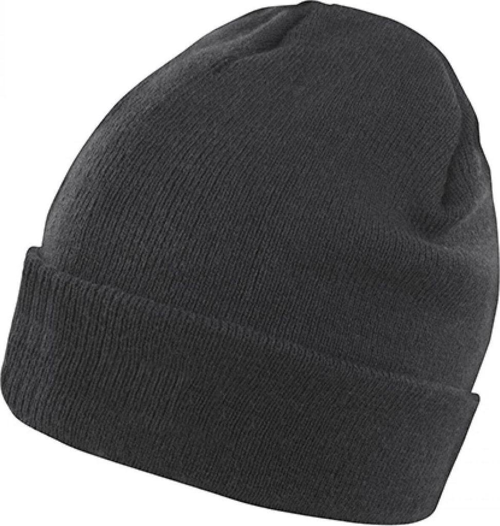 A close-up studio shot of a black beanie.