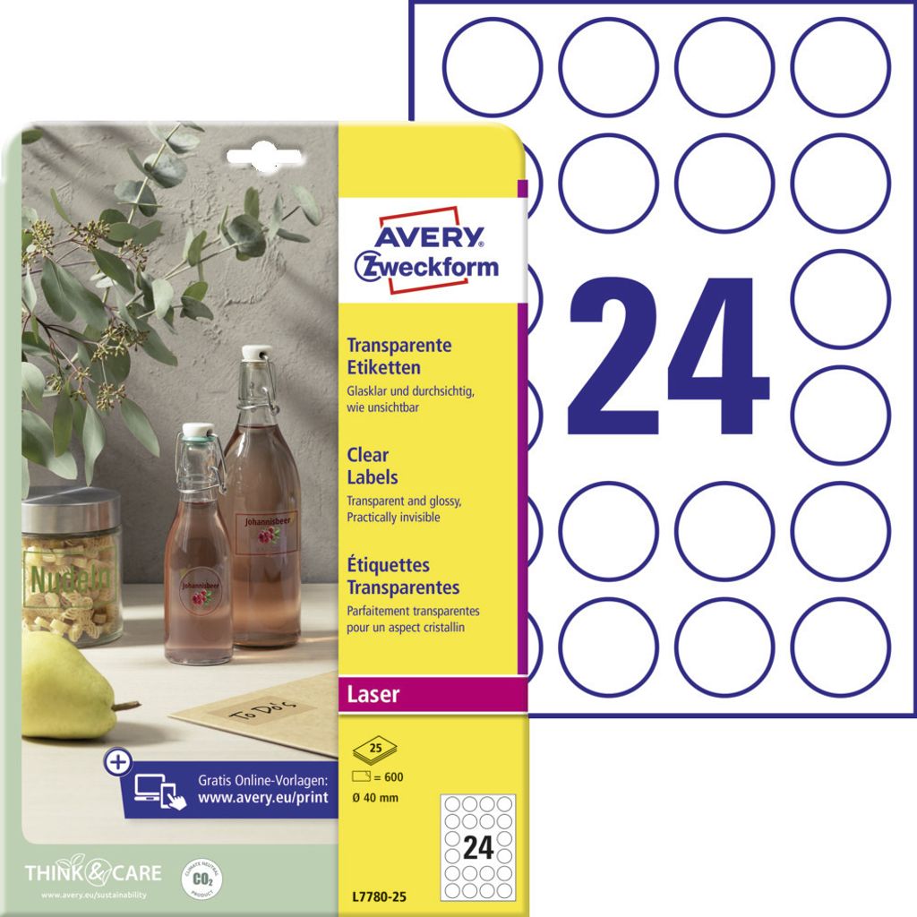 Avery Zweckform L7780-25 Transparente Etiketten, A4, Ø 40 mm, 25 Bogen/600 Etiketten, transparent