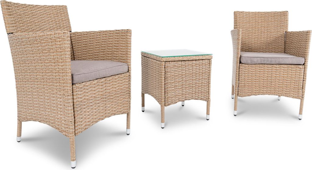 A set of outdoor furniture including two chairs and a small table, arranged on a white background.
