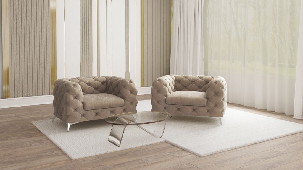 S-STYLE MÖBEL - Chesterfield Sessel Cleo mit Silber Metall Füßen aus Dunkle Creme Samtstoff, B/T/H: 125 cm / 100 cm / 75 cm