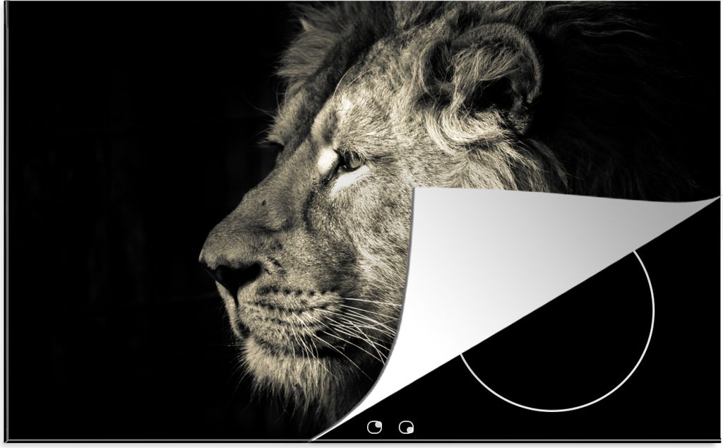 KitchenYeah Herdabdeckplatte Löwe - Profil - Porträt , 81x52cm, Küche Deko, Glaskeramikfeld Herdabdeckung, Abdeckplatte fùr Kochfeld