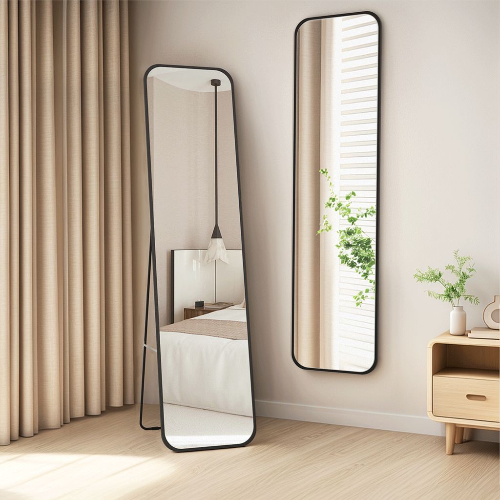 Heilmetz Standspiegel 160x40cm Wandspiegel mit Chorm Metallrahmen Ganzkörperspiegel Aluminiumrahmen Schwarz Matt