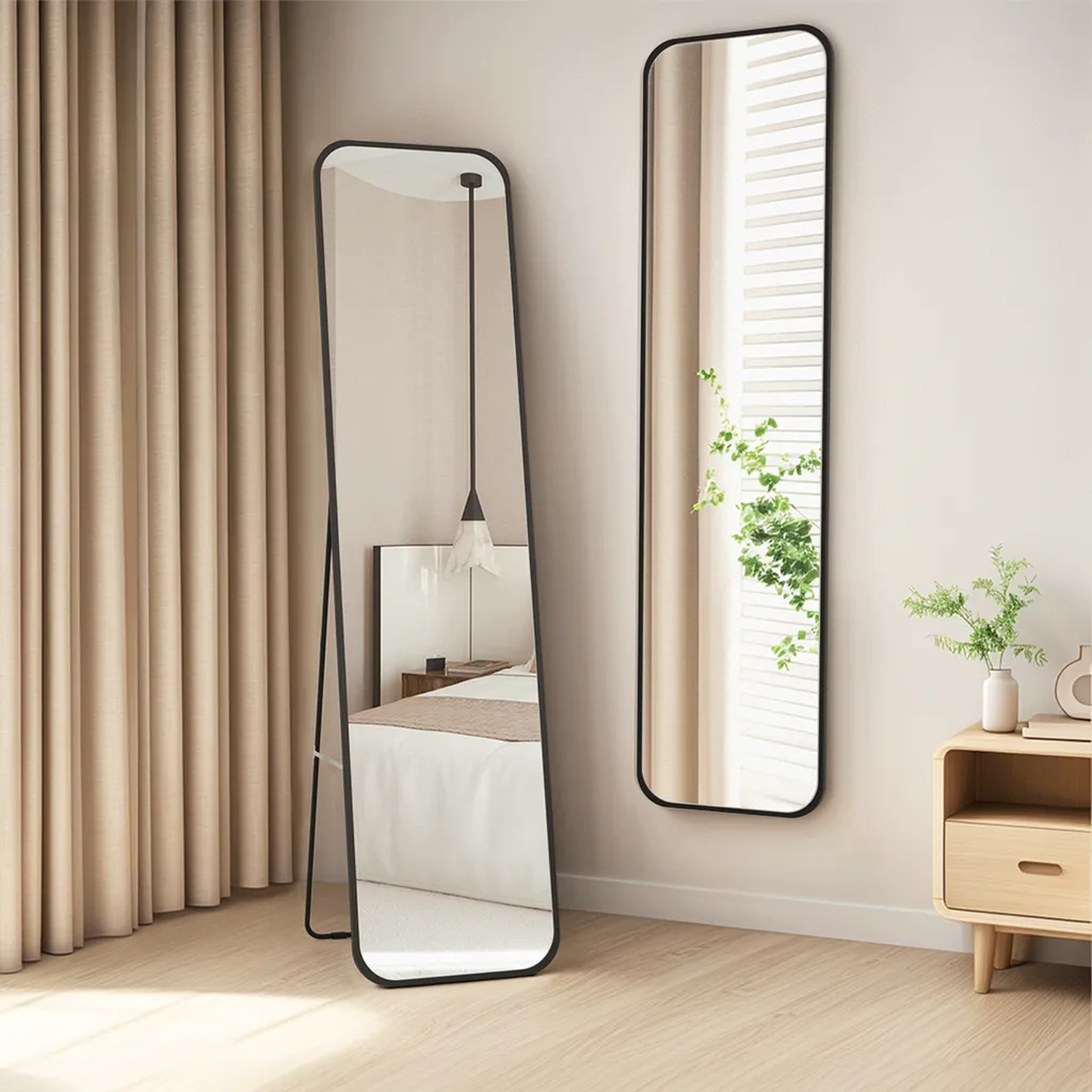 Miroir Dressing 160x40 cm sur Pied pour Chambre et Entrée Noir Mat