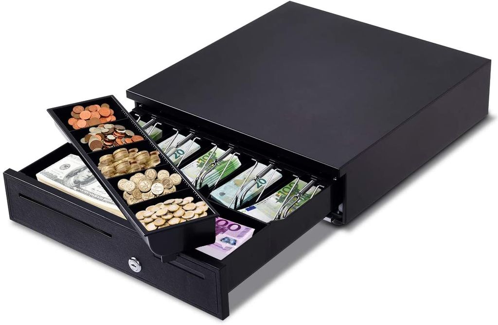 Kassenschublade mit Elektrisch/Manuell Öffnen, Geldschublade Geldkassette, Cash Drawer mit 5 Fächer verstellbar, Schwarz