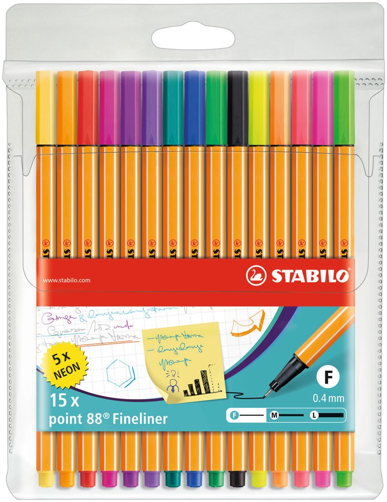 Fineliner - STABILO point 88 - 15er Pack - mit 15 verschiedenen Farben inklusive 5 Neonfarben