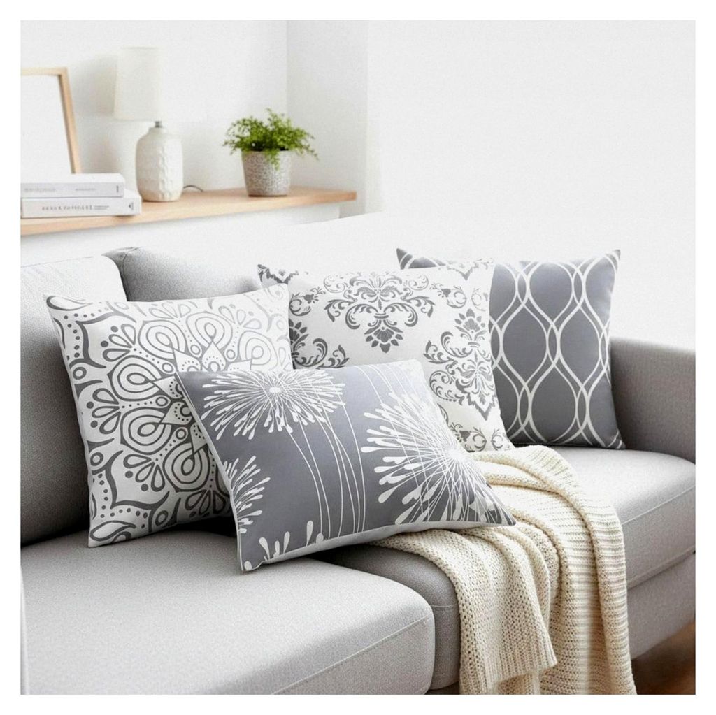 Kissenbezüge 45x45 cm 4er Set Grau-Weiß mit Mandala Damask für Sofa, Bett & moderne Dekoration