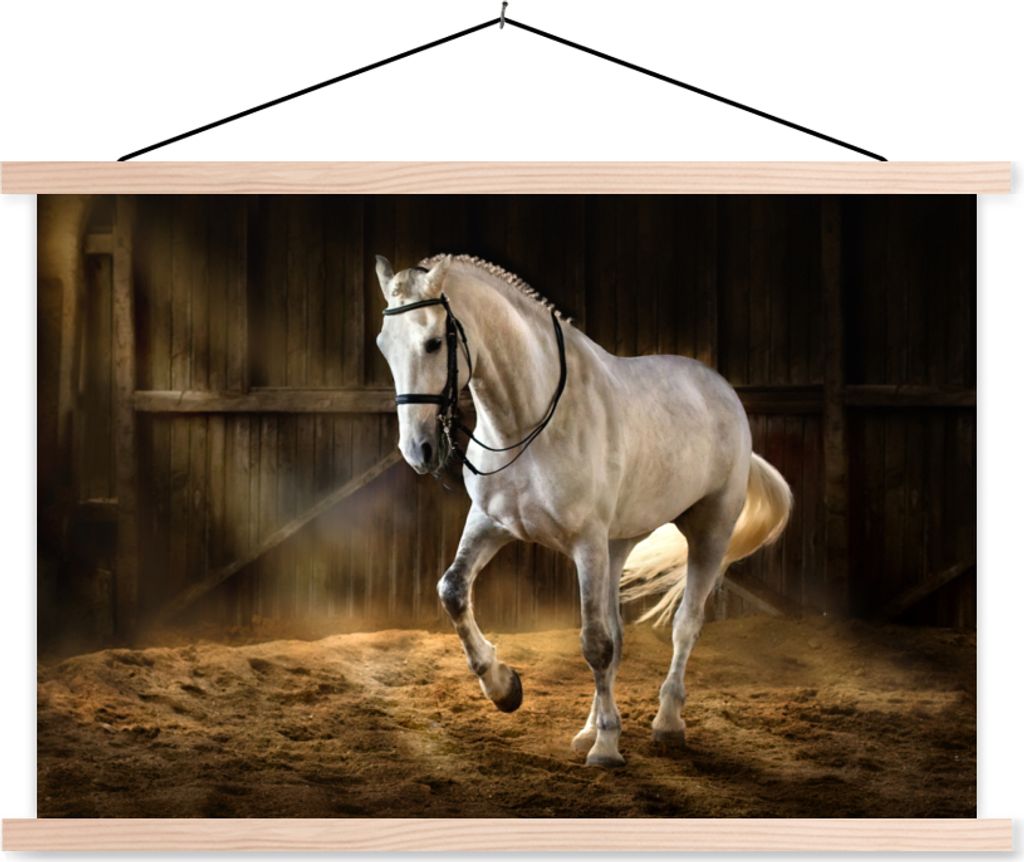 MuchoWow Textilposter Pferd - Licht - Heu - Stall 120x80 cm mit holzfarbenen Rahmen - Aufhängeset